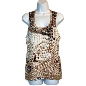 Cache Womens Sleeveless Snakeskin Print Beaded‎ Scoop Neckline Stretchy Blouse M